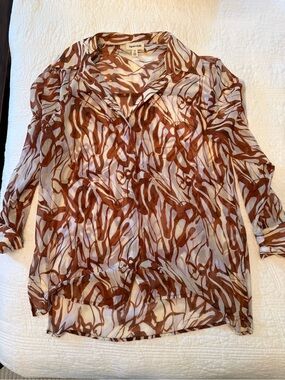 Sheer Brown Abstract Print Button-Up Blouse - Open Edit